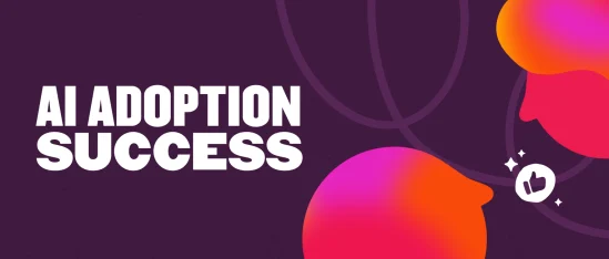 AI Adoption Success graphic with vibrant colors, featuring stylized heads and a thumbs-up icon on a dark background. AI, adoption, success